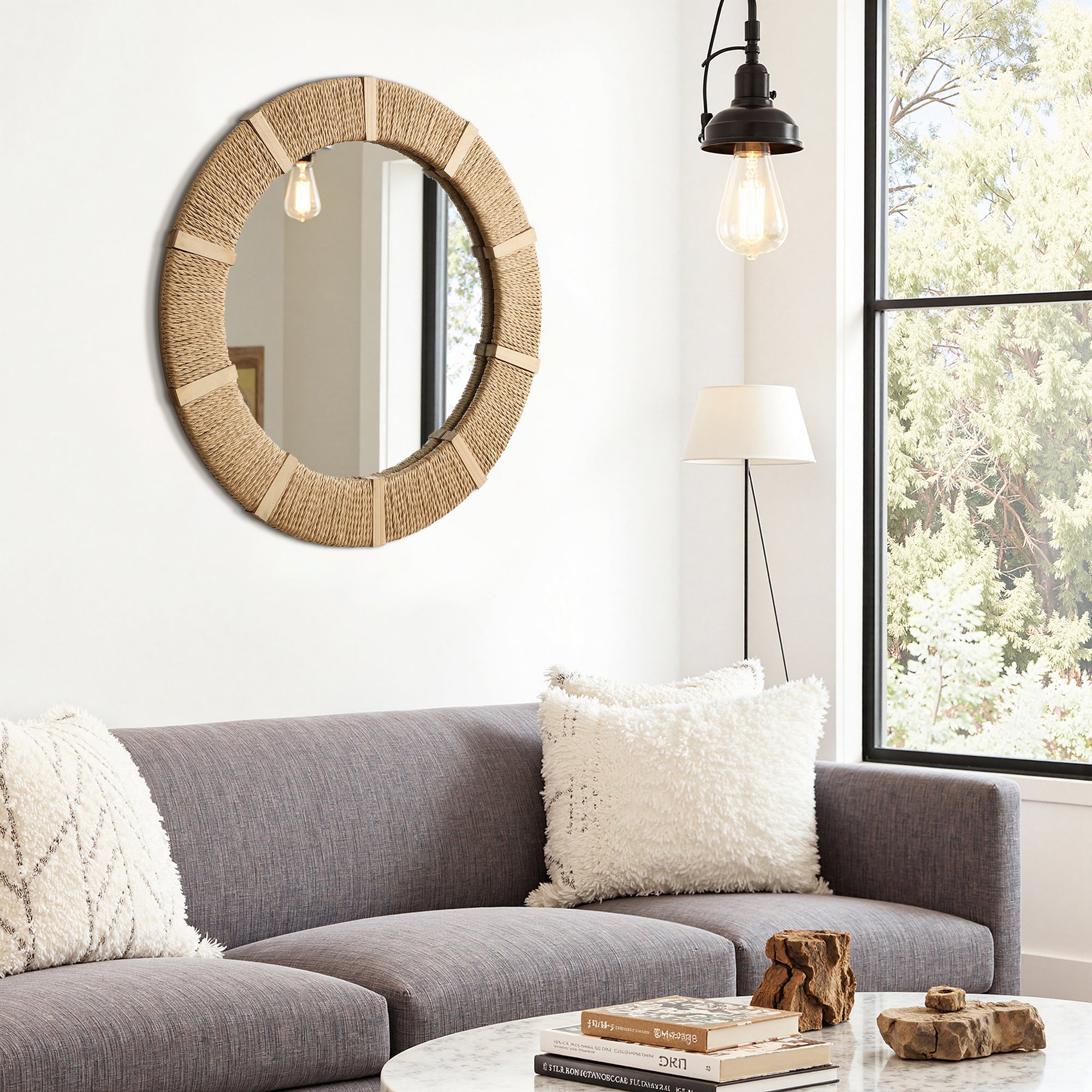 Runder Seegras-Wandspiegel – Naturstil Deko-Spiegel mit Organic Rahmen für Wohnraum