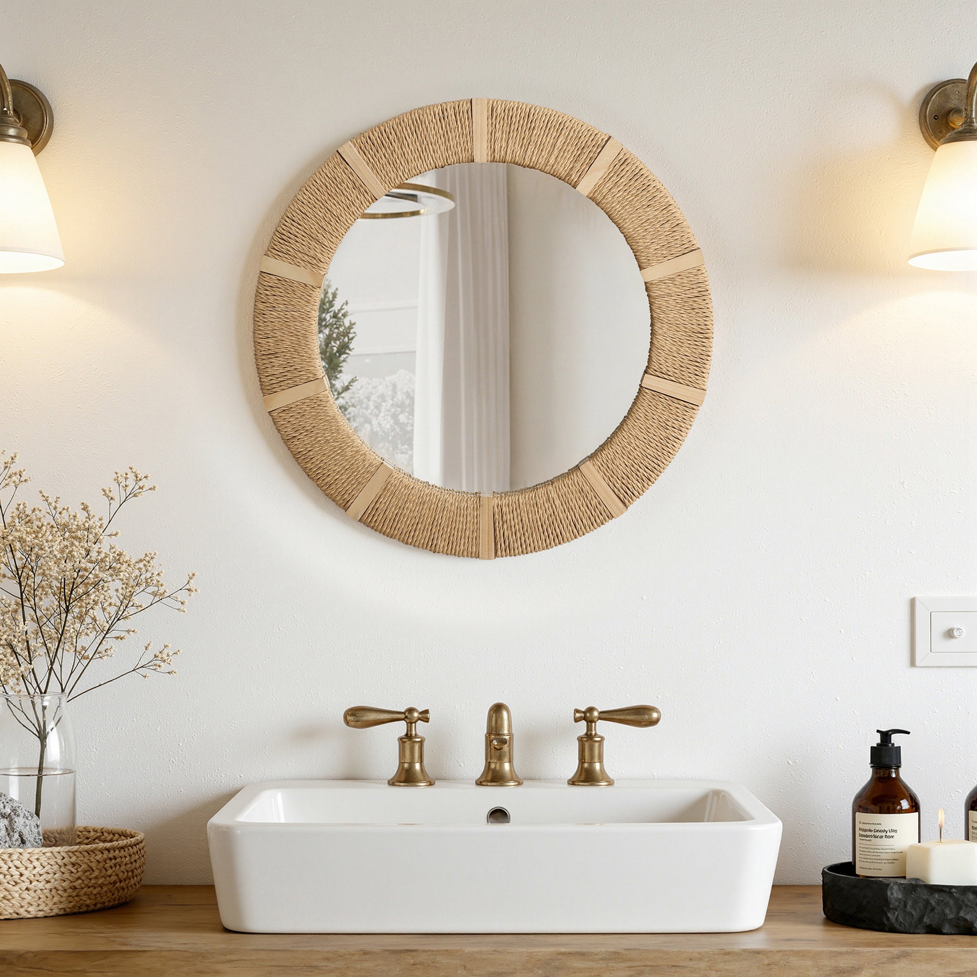 Runder Seegras-Wandspiegel – Naturstil Deko-Spiegel mit Organic Rahmen für Wohnraum