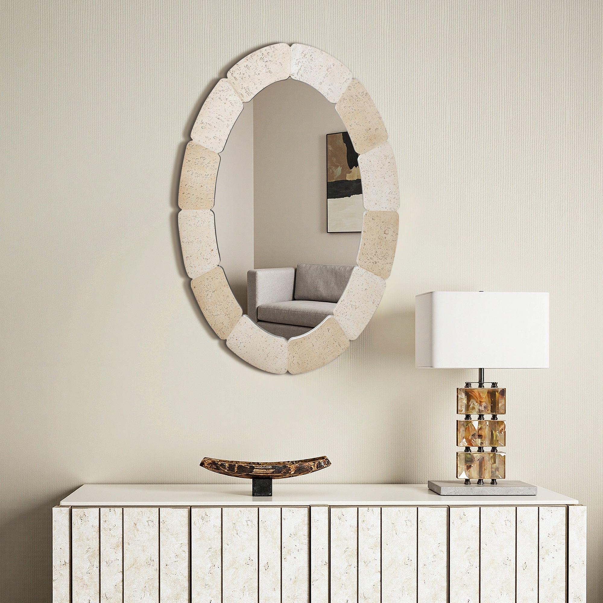 Elliptischer Steinmuster Wandspiegel – Ganzkörper-Spiegel mit Texturiertem Rahmen für Wohnraum