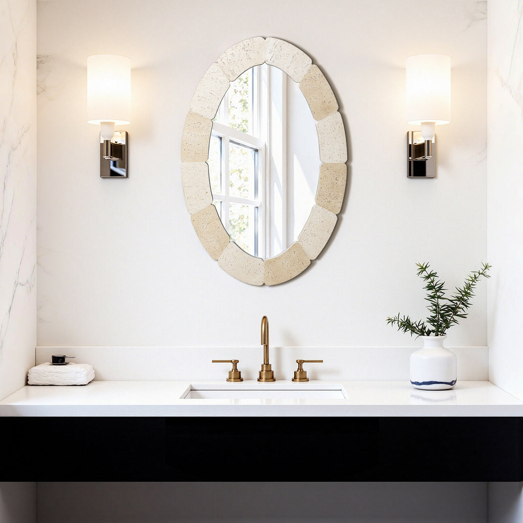 Elliptischer Steinmuster Wandspiegel – Ganzkörper-Spiegel mit Texturiertem Rahmen für Wohnraum