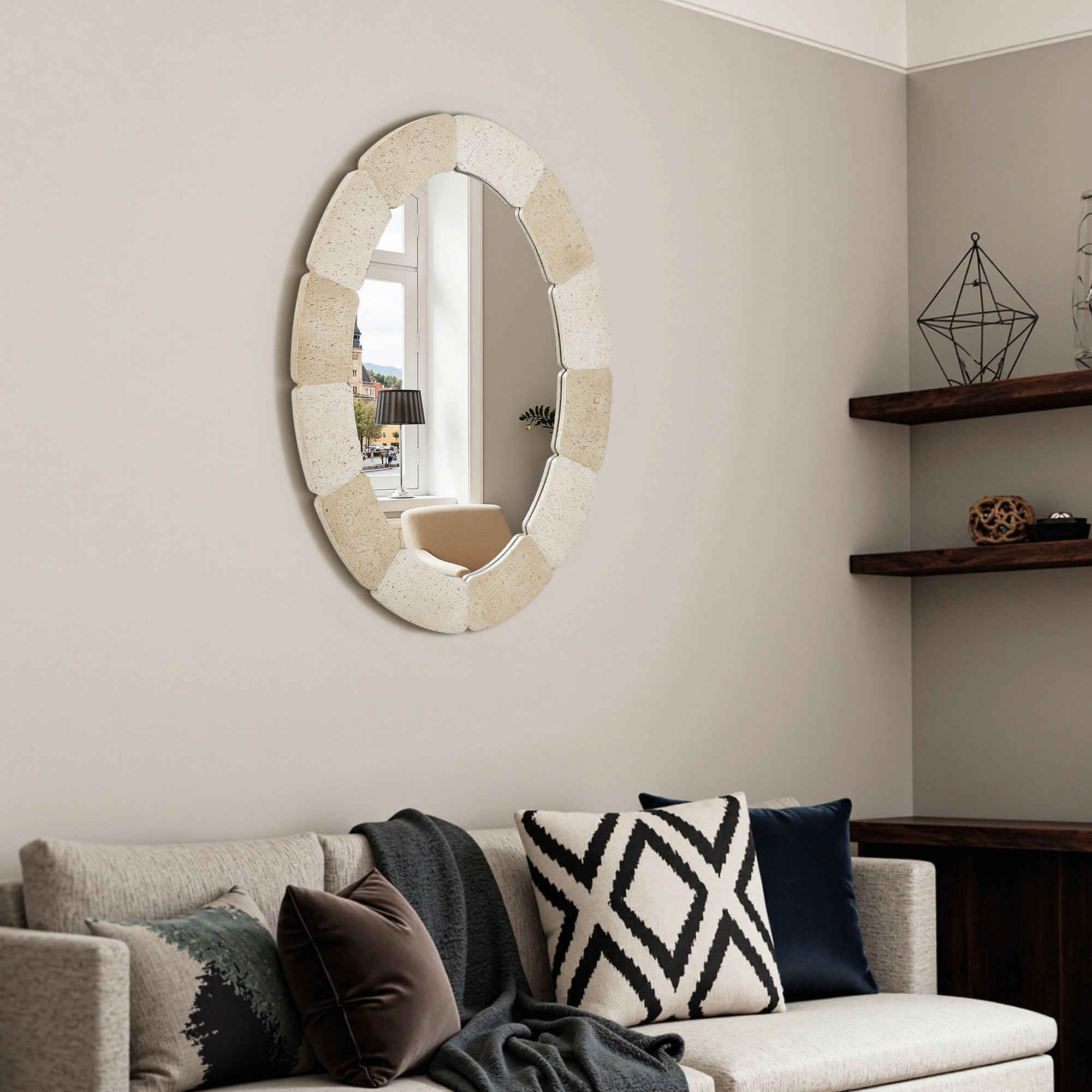 Elliptischer Steinmuster Wandspiegel – Ganzkörper-Spiegel mit Texturiertem Rahmen für Wohnraum