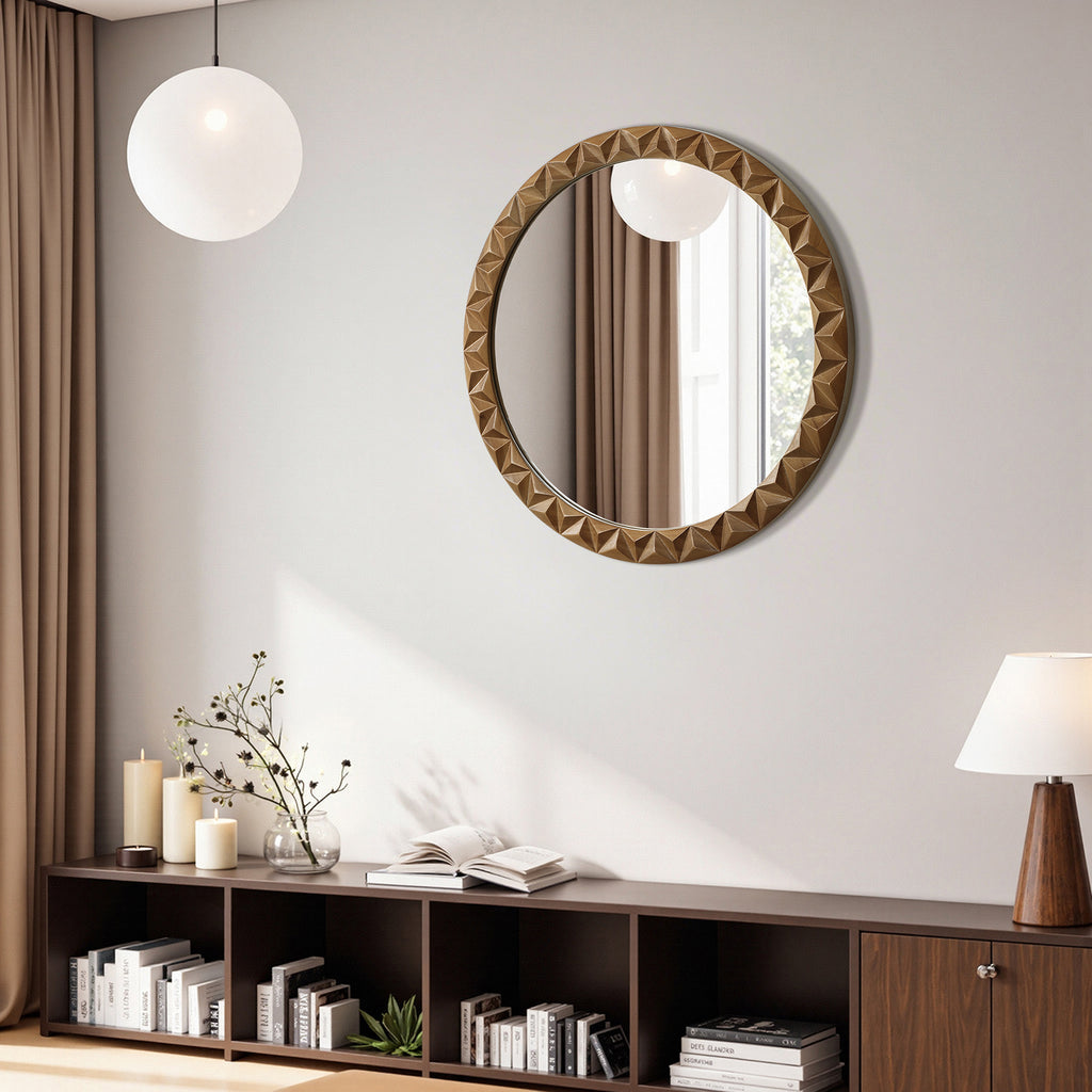 Runder 3D-Geometrie Holz-Wandspiegel – Deko-Spiegel mit Strukturiertem Rahmen für Wohnraum