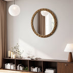 Runder 3D-Geometrie Holz-Wandspiegel – Deko-Spiegel mit Strukturiertem Rahmen für Wohnraum