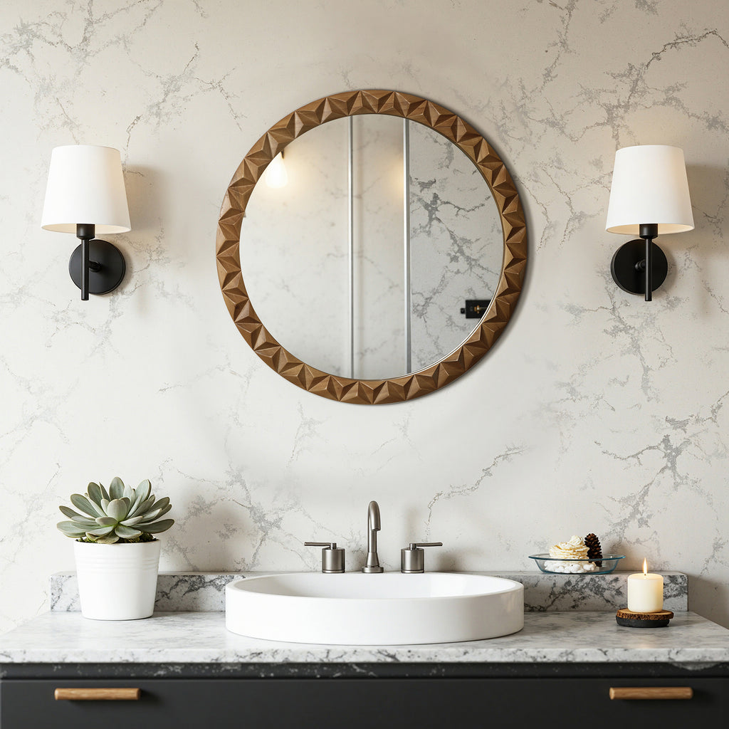 Runder 3D-Geometrie Holz-Wandspiegel – Deko-Spiegel mit Strukturiertem Rahmen für Wohnraum