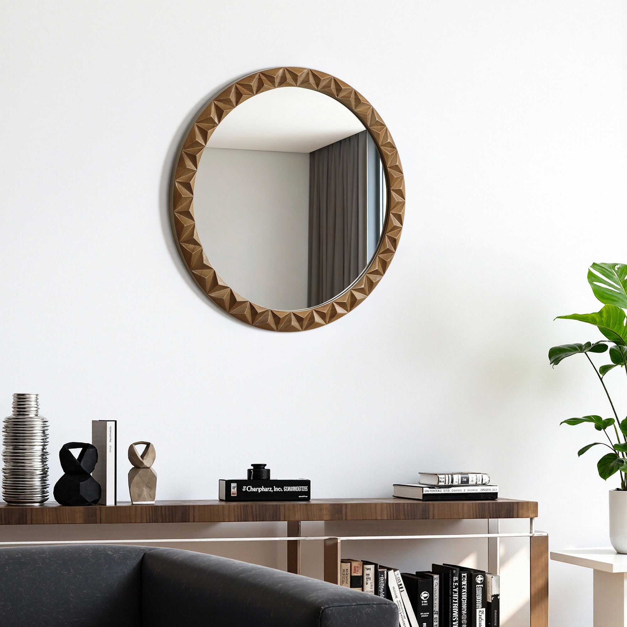 Runder 3D-Geometrie Holz-Wandspiegel – Deko-Spiegel mit Strukturiertem Rahmen für Wohnraum