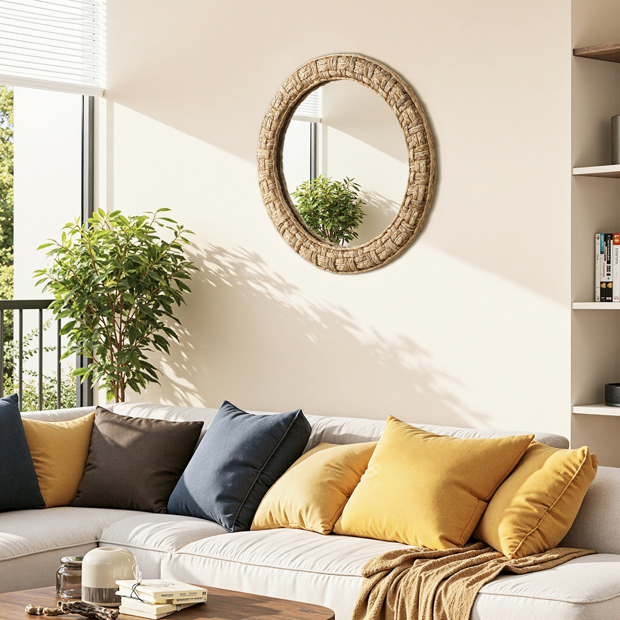 Runder Seegras-Gewebe Wandspiegel – Boho-Style Deko-Spiegel mit Naturrahmen für Wohnraum