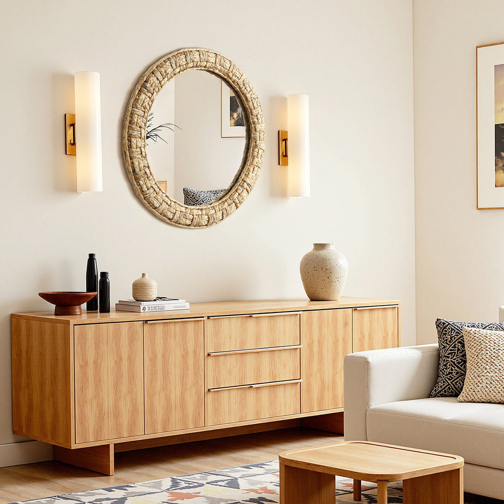 Runder Seegras-Gewebe Wandspiegel – Boho-Style Deko-Spiegel mit Naturrahmen für Wohnraum