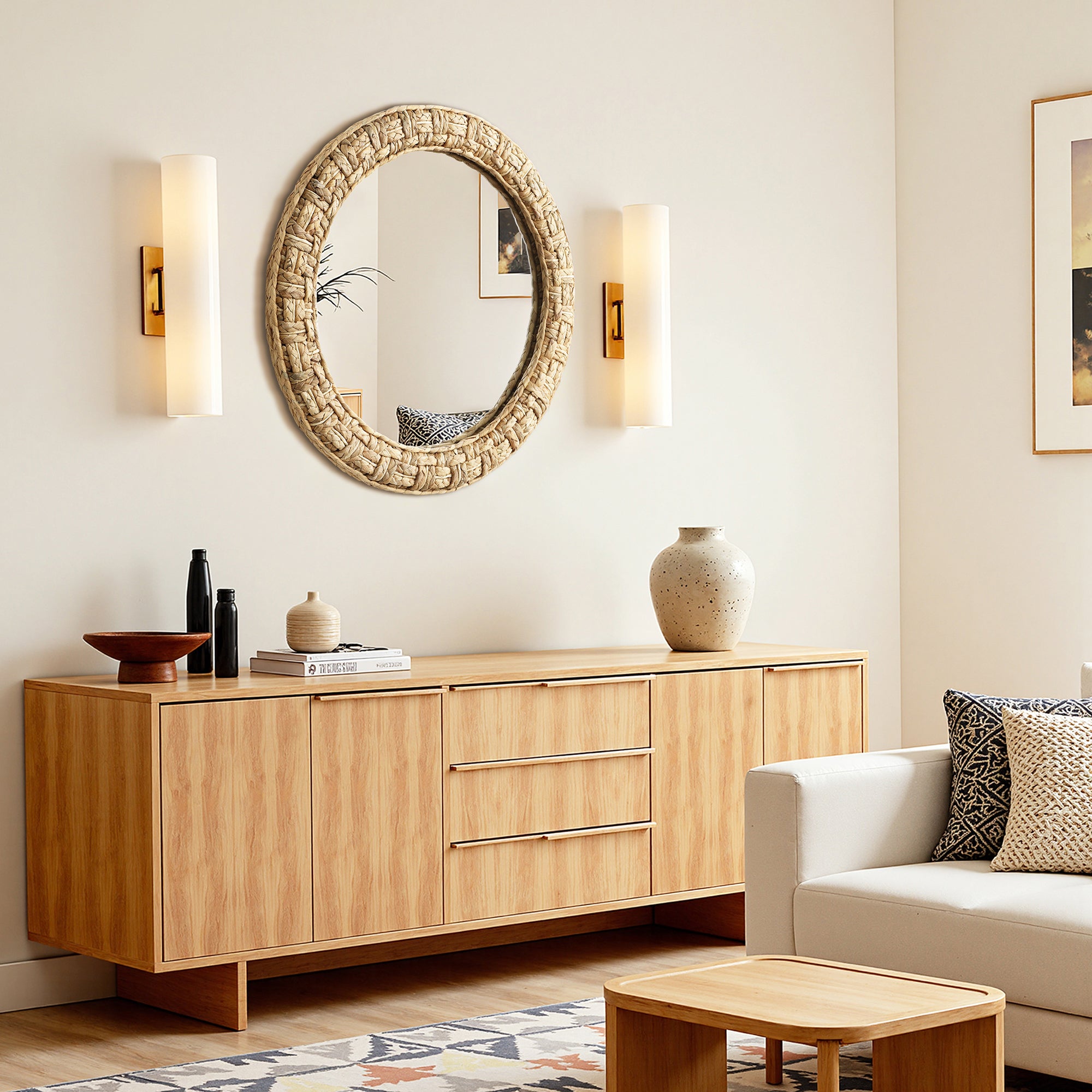 Runder Seegras-Gewebe Wandspiegel – Boho-Style Deko-Spiegel mit Naturrahmen für Wohnraum