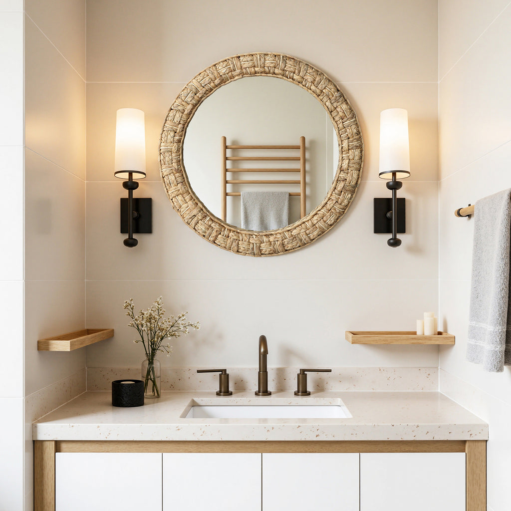 Runder Seegras-Gewebe Wandspiegel – Boho-Style Deko-Spiegel mit Naturrahmen für Wohnraum
