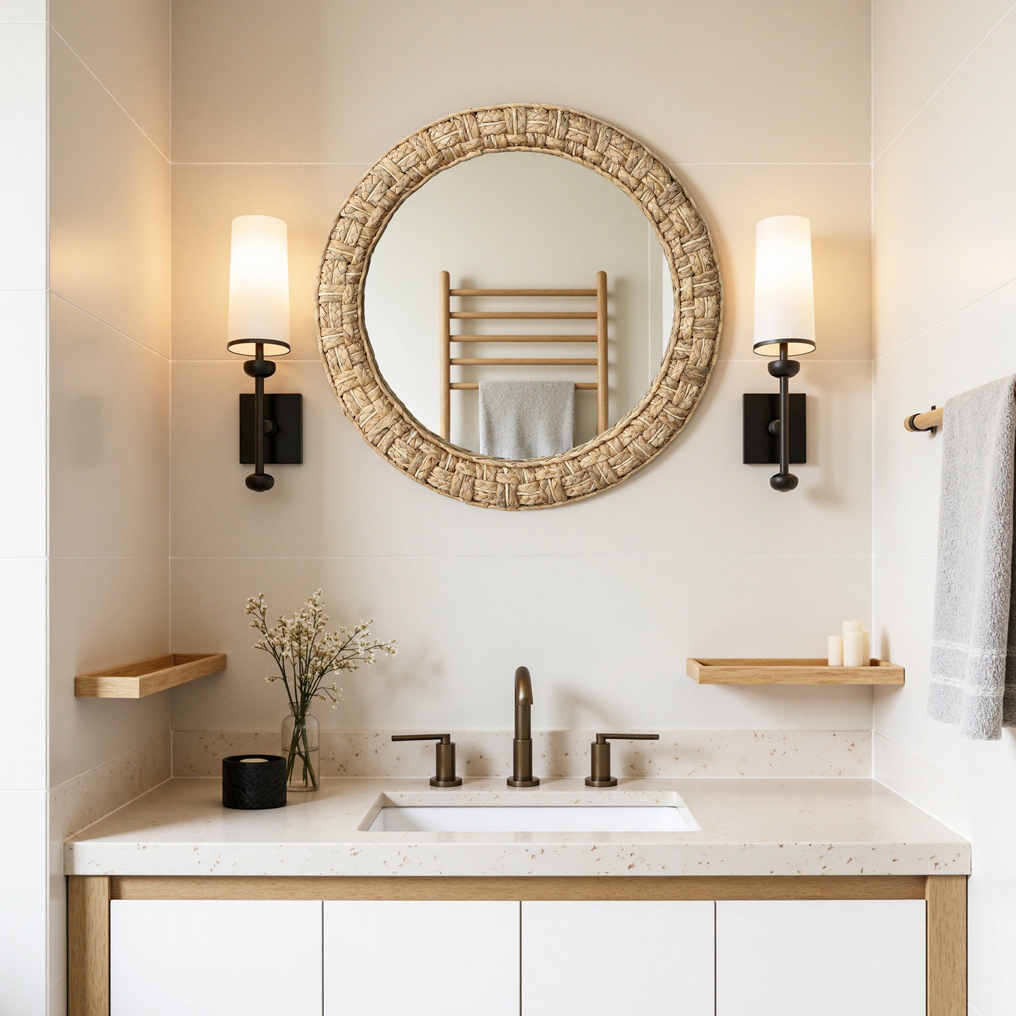 Runder Seegras-Gewebe Wandspiegel – Boho-Style Deko-Spiegel mit Naturrahmen für Wohnraum