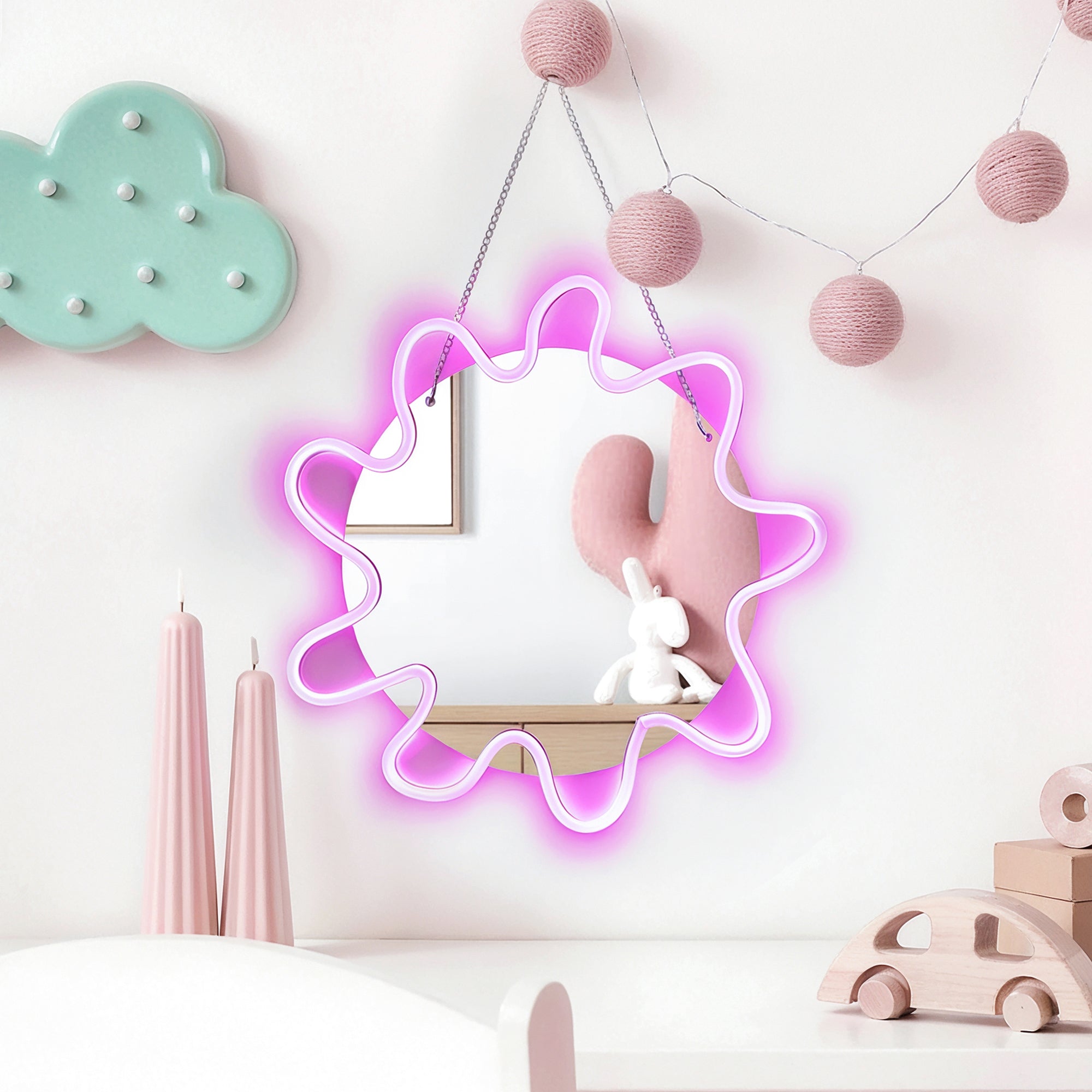 Pink Neon Sonne LED Spiegel – Atmosphärischer Wandspiegel mit Leuchtende Sonnenform für Schlafzimmer & Deko