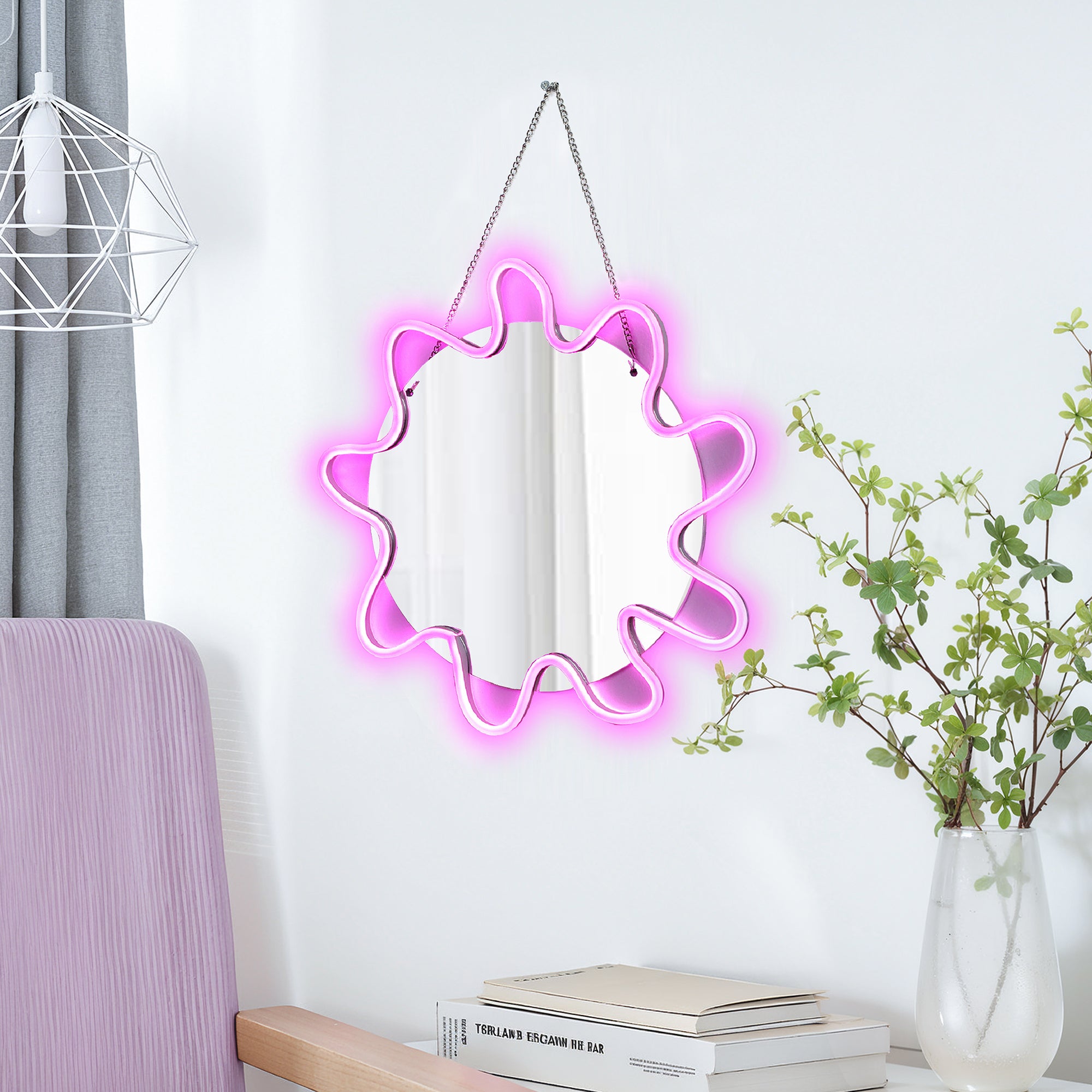 Pink Neon Sonne LED Spiegel – Atmosphärischer Wandspiegel mit Leuchtende Sonnenform für Schlafzimmer & Deko