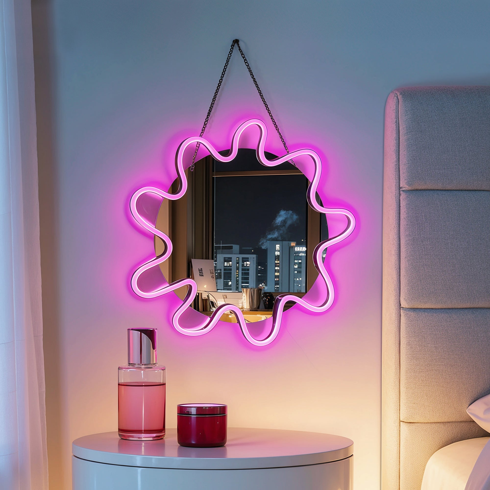 Pink Neon Sonne LED Spiegel – Atmosphärischer Wandspiegel mit Leuchtende Sonnenform für Schlafzimmer & Deko