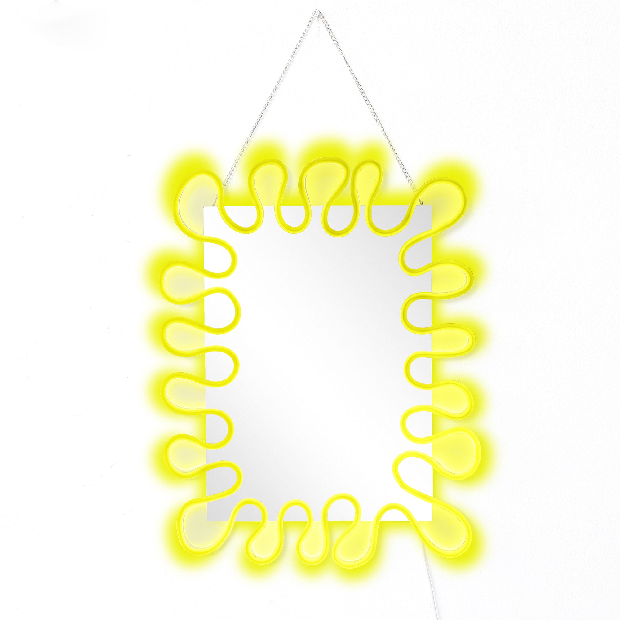 Gelber Neon-Wellen LED Spiegel – Leuchtender Wandspiegel mit Atmosphärenbeleuchtung für Wohnraum & Deko