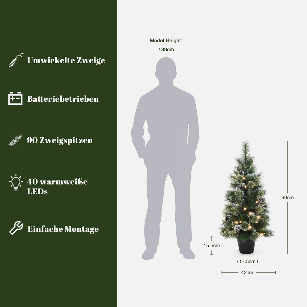 90 cm künstlicher Weihnachtsbaum mit integrierter LED-Beleuchtung und Tannenzapfen-Dekor