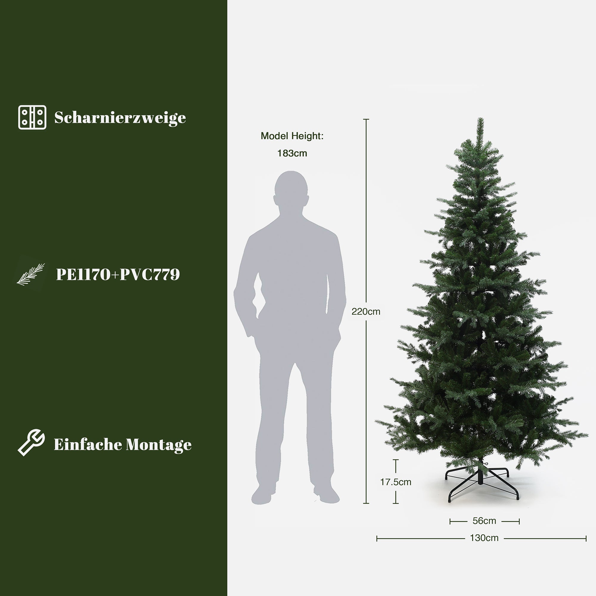 220 cm künstlicher Weihnachtsbaum – Naturgetreues Design mit 1949 Zweigen, Ø 130 cm, inkl. stabilem Metallständer
