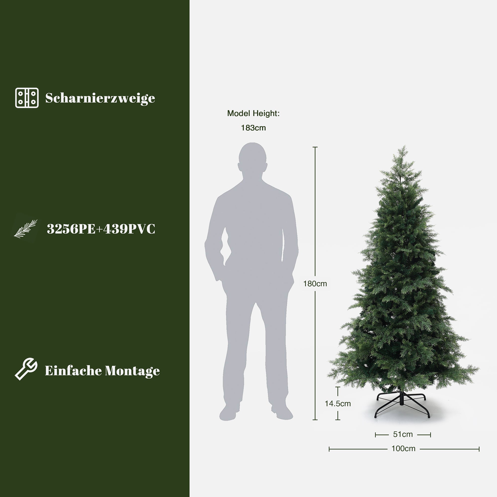 180 cm künstlicher Weihnachtsbaum – Extra dicht mit 3695 Zweige (PE+PVC), Ø 130 cm, inkl. stabilem Metallständer