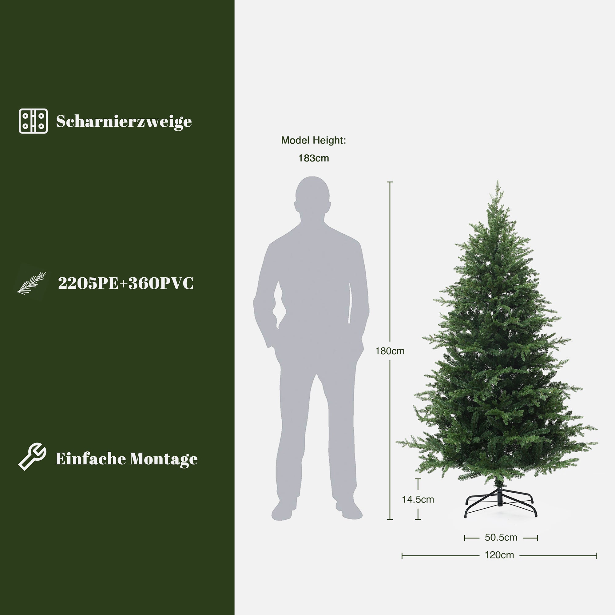 180 cm künstlicher Weihnachtsbaum – Klassisches Design mit 2565 Zweigen (PE+PVC), Ø 120 cm, inkl. stabilem Metallständer