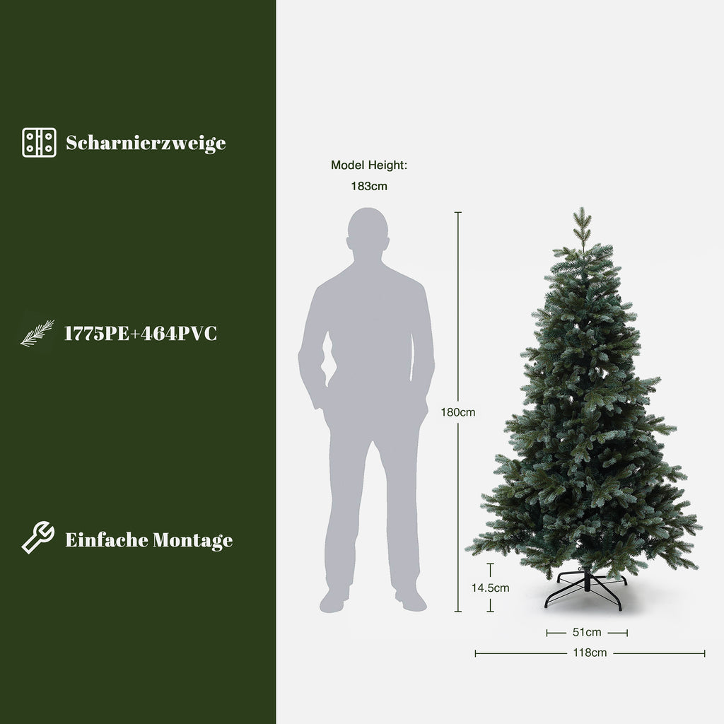 180 cm künstlicher Weihnachtsbaum – Schlanke Naturtanne mit 2239 Zweige (PE+PVC), Ø 118 cm, inkl. stabilem Metallständer