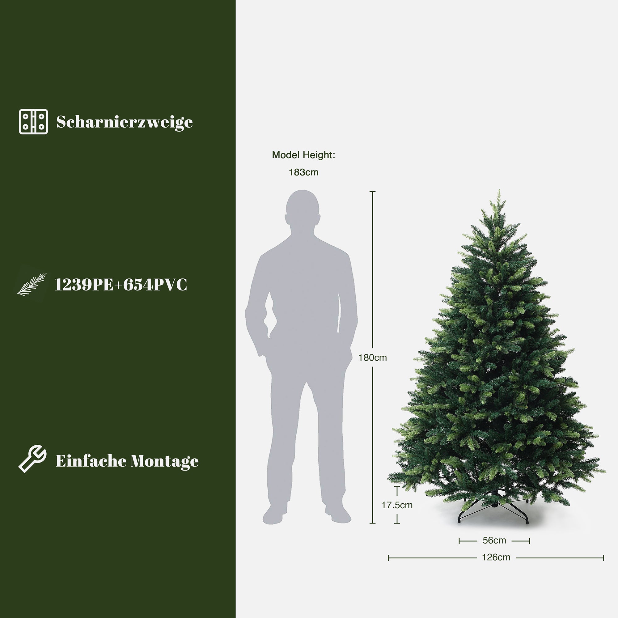 180 cm künstlicher Weihnachtsbaum – Kompaktes Modell mit 1893 Zweige (PE+PVC), Ø 126 cm, inkl. stabilem Metallständer