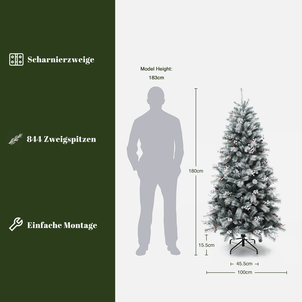 180 cm künstlicher Weihnachtsbaum mit Frost-Effekt – dekoriert mit Schneezapfen & roten Beeren