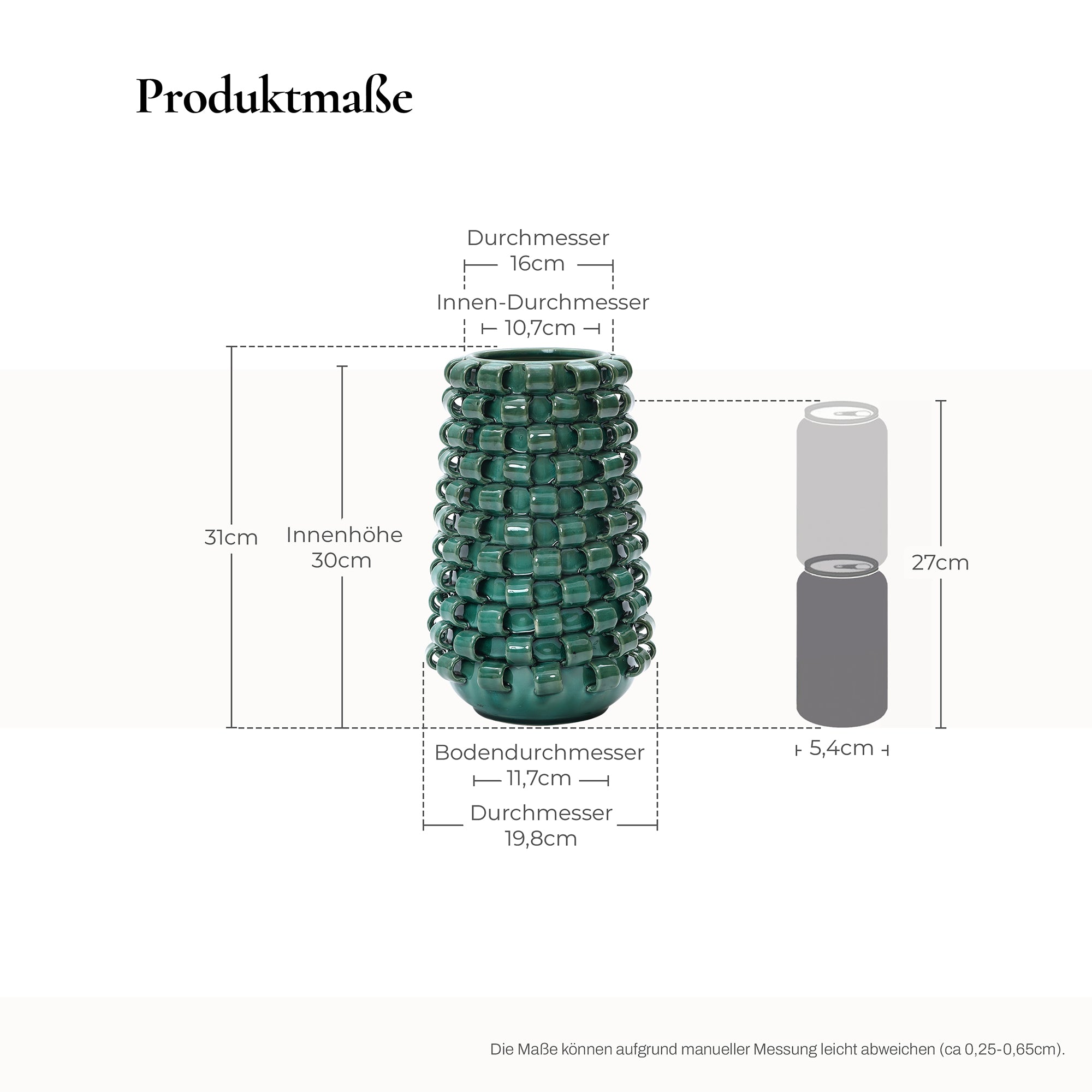 Keramikvase in Dunkelgrün mit Reliefstruktur – 31 cm