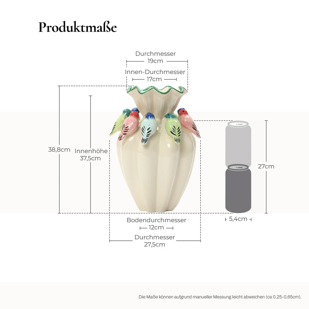 38,5 cm Keramikvase mit bunten Vogelmotiven