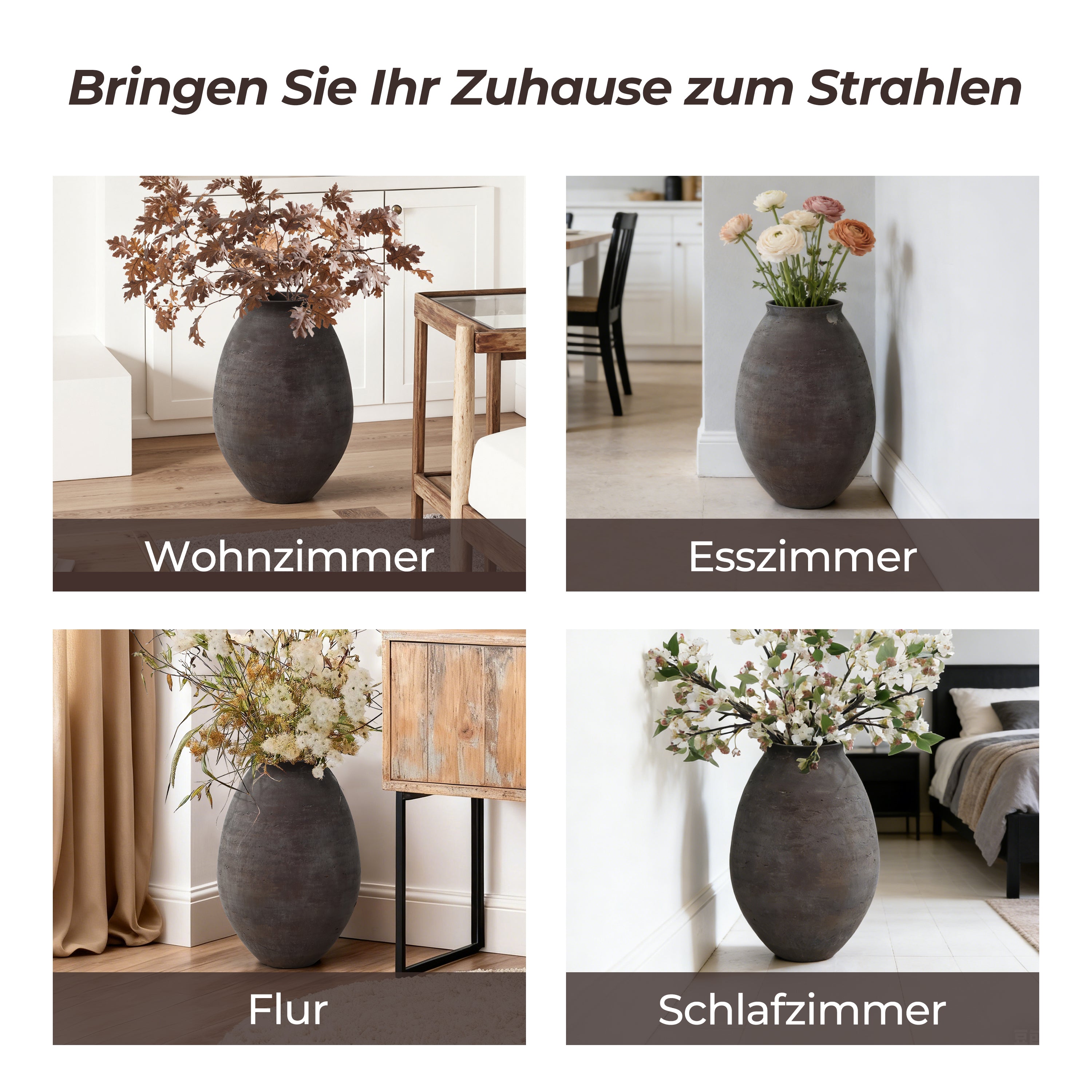 Vase Groß Braun – Rustikale Betonvase im Wabi-Sabi Stil, Bodenvase aus Zement