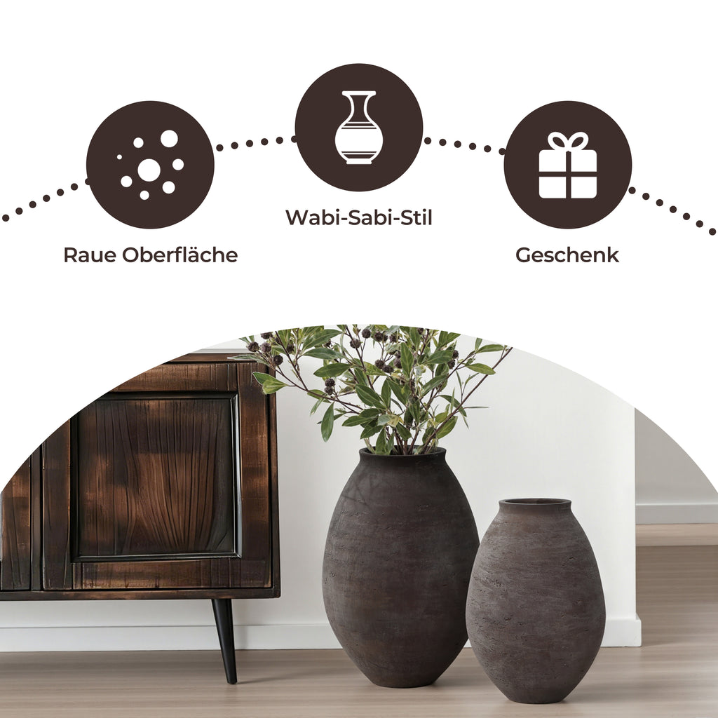 Vase Groß Braun – Rustikale Betonvase im Wabi-Sabi Stil, Bodenvase aus Zement