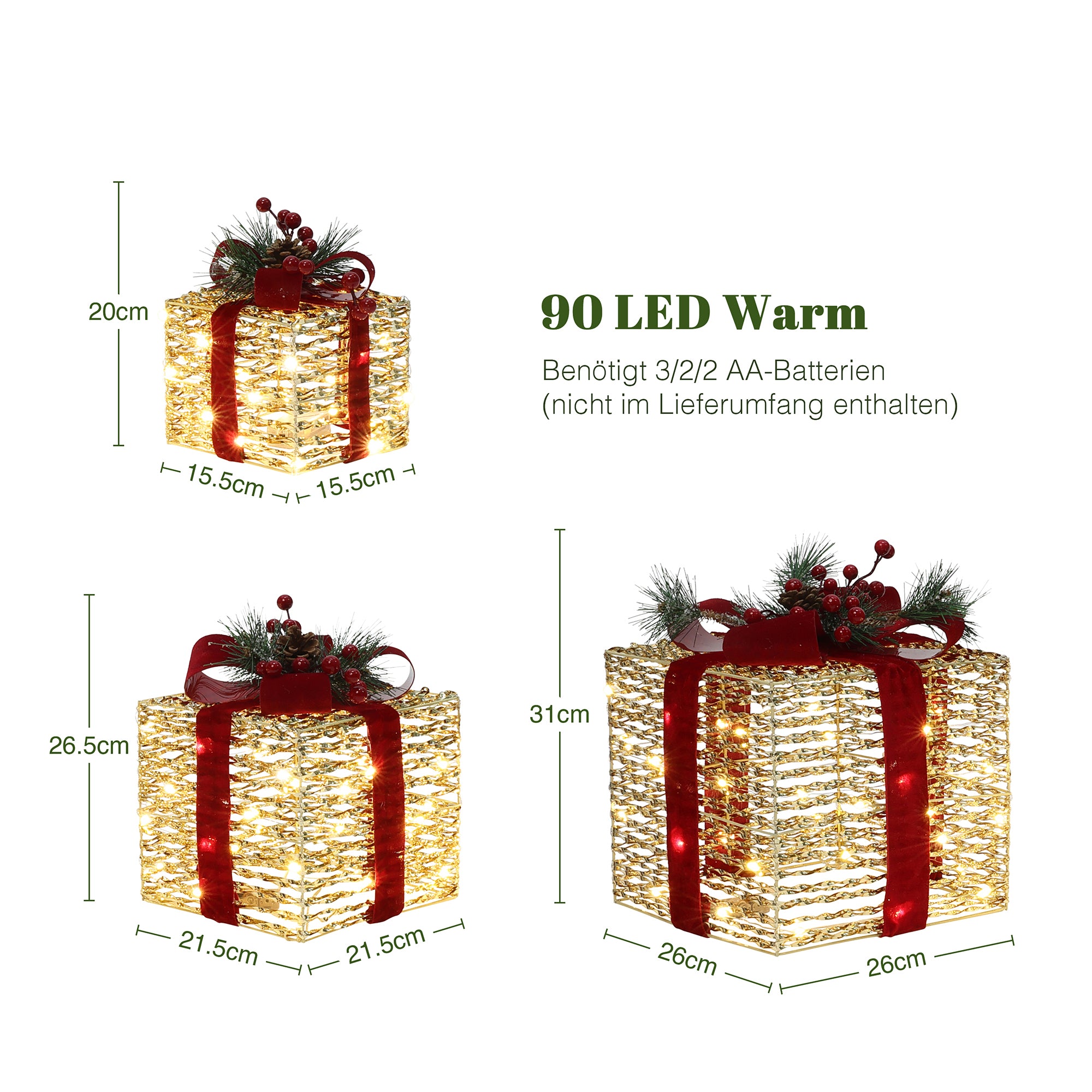3er-Set LED-Geschenkboxen – Weihnachtsdeko in silber mit roten Schleifen und Beeren – Batteriebetrieben