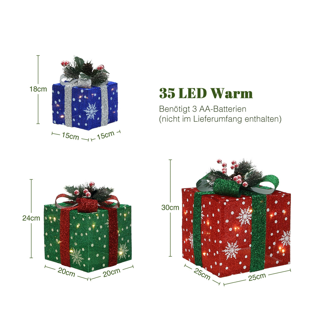 3er-Set LED-Geschenkboxen – Weihnachtsdeko in Rot, Grün & Blau mit Schneeflocken-Muster