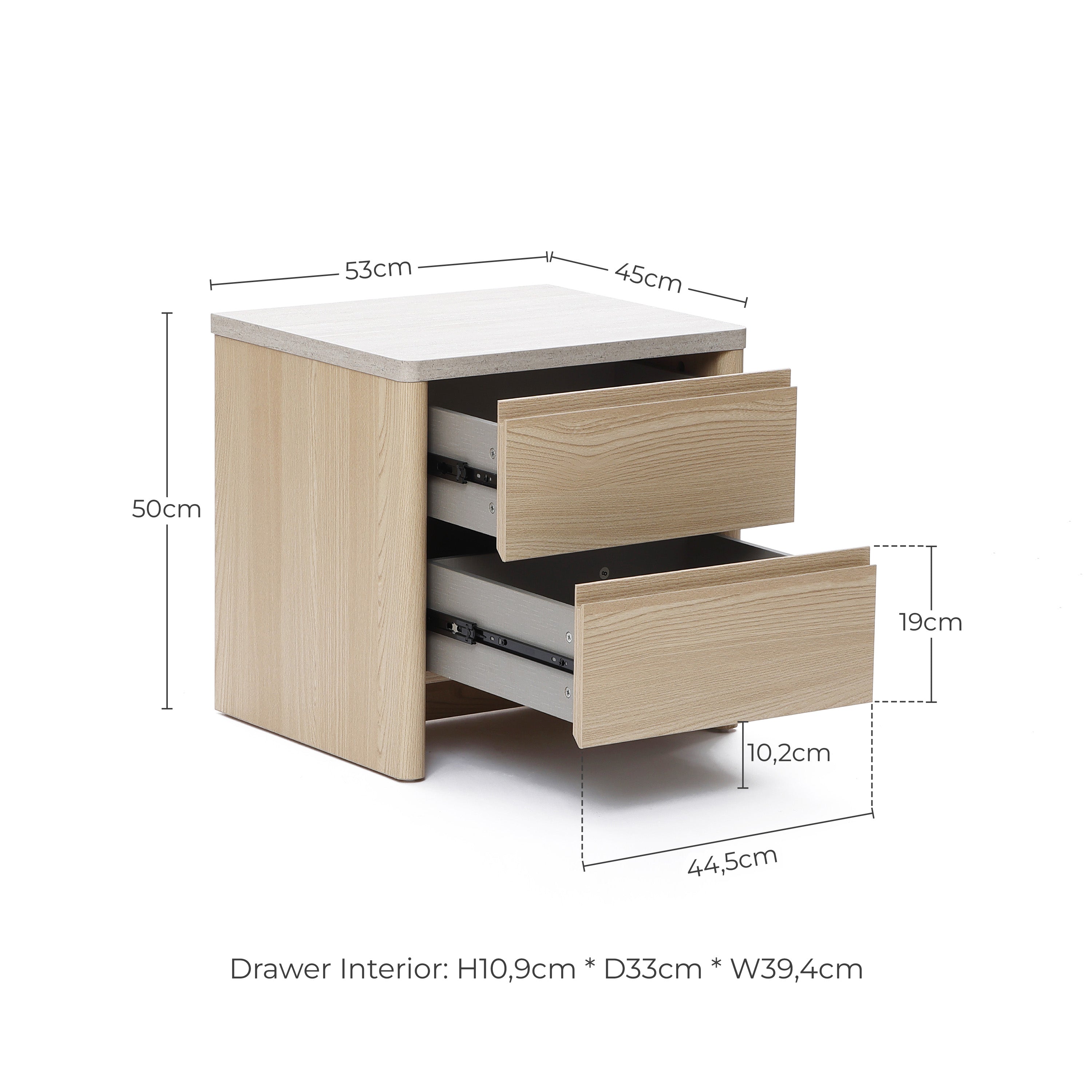 Moderner Nachttisch in Holzoptik mit zwei Schubladen