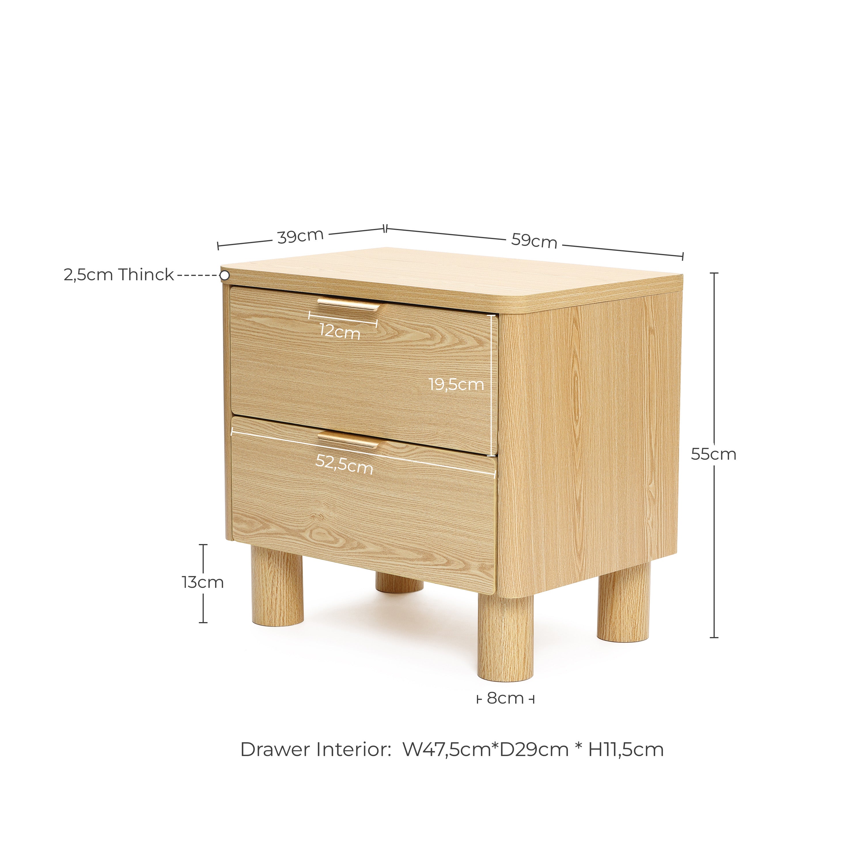 Nachttisch mit zwei Schubladen in natürlicher Holzoptik