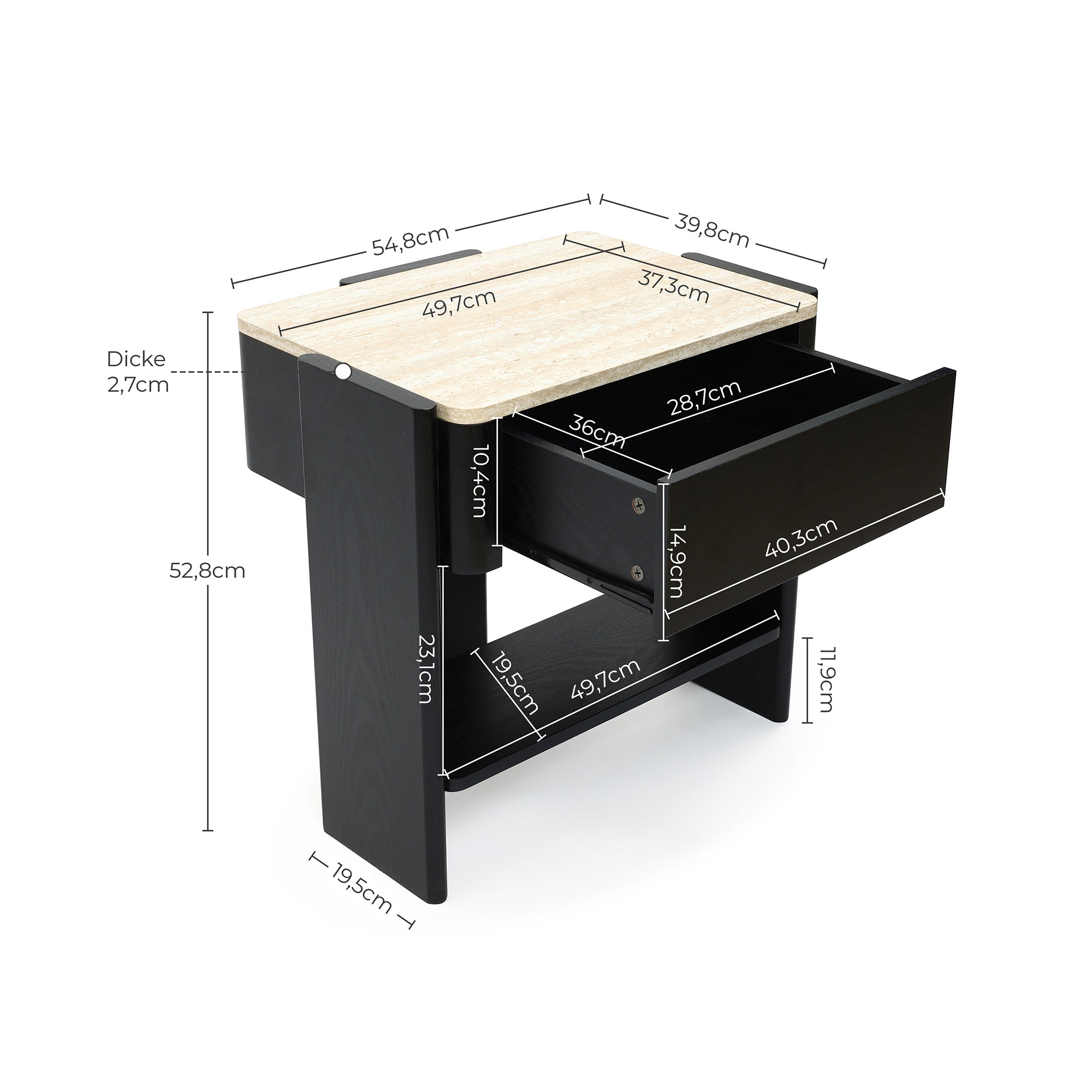 Nachttisch in Marmoroptik 55 cm – Beistelltisch mit Schublade und Ablagefach