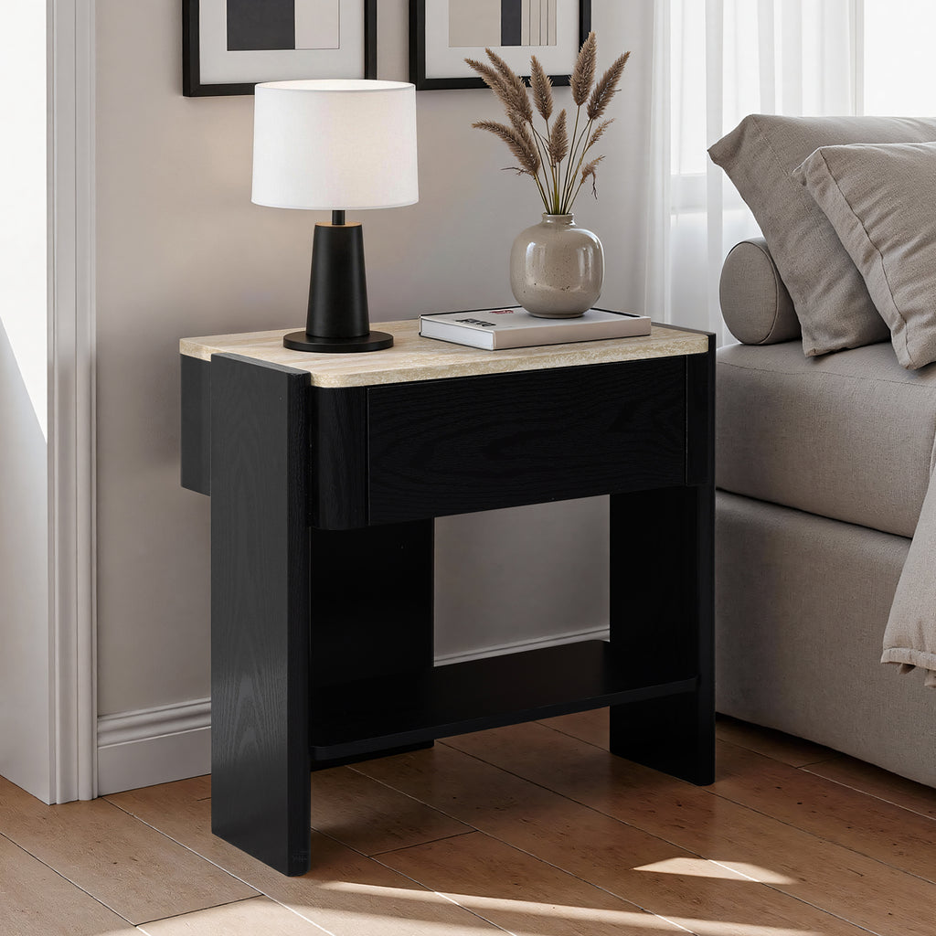 Nachttisch in Marmoroptik 55 cm – Beistelltisch mit Schublade und Ablagefach