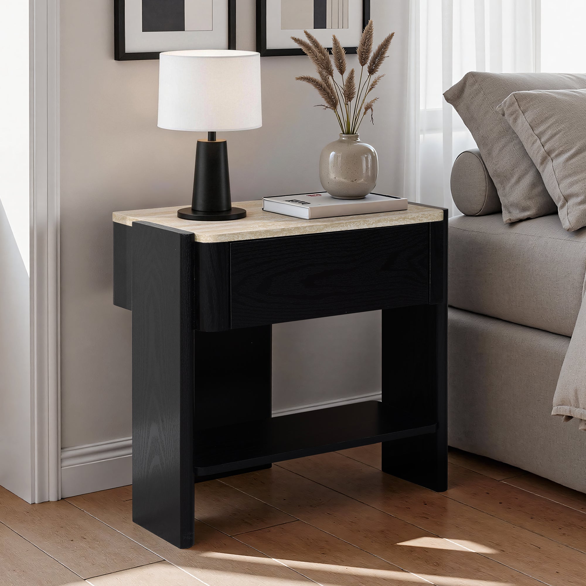 Nachttisch in Marmoroptik 55 cm – Beistelltisch mit Schublade und Ablagefach