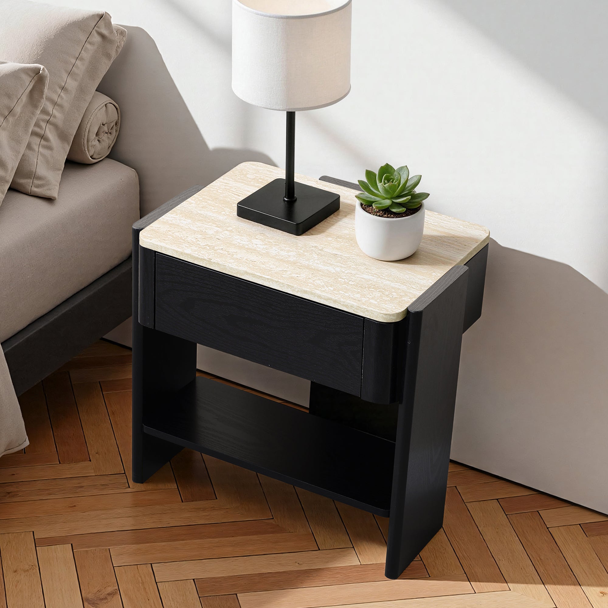 Nachttisch in Marmoroptik 55 cm – Beistelltisch mit Schublade und Ablagefach
