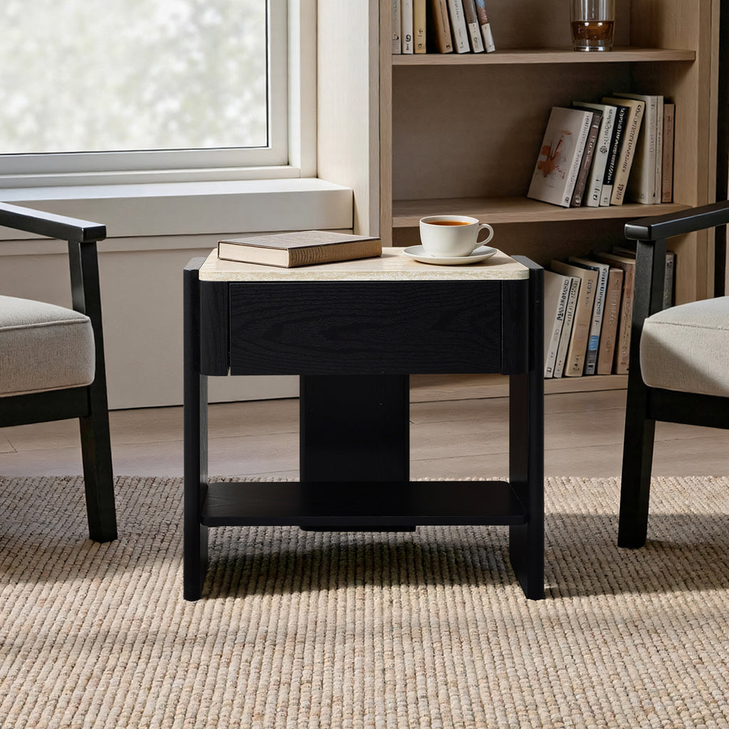 Nachttisch in Marmoroptik 55 cm – Beistelltisch mit Schublade und Ablagefach