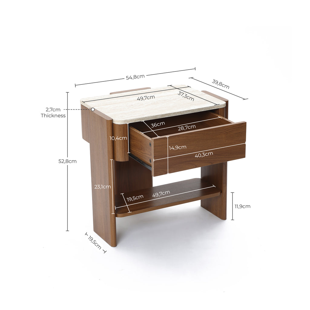 Nachttisch in Marmoroptik 55 cm – Beistelltisch mit Schublade und Ablagefach