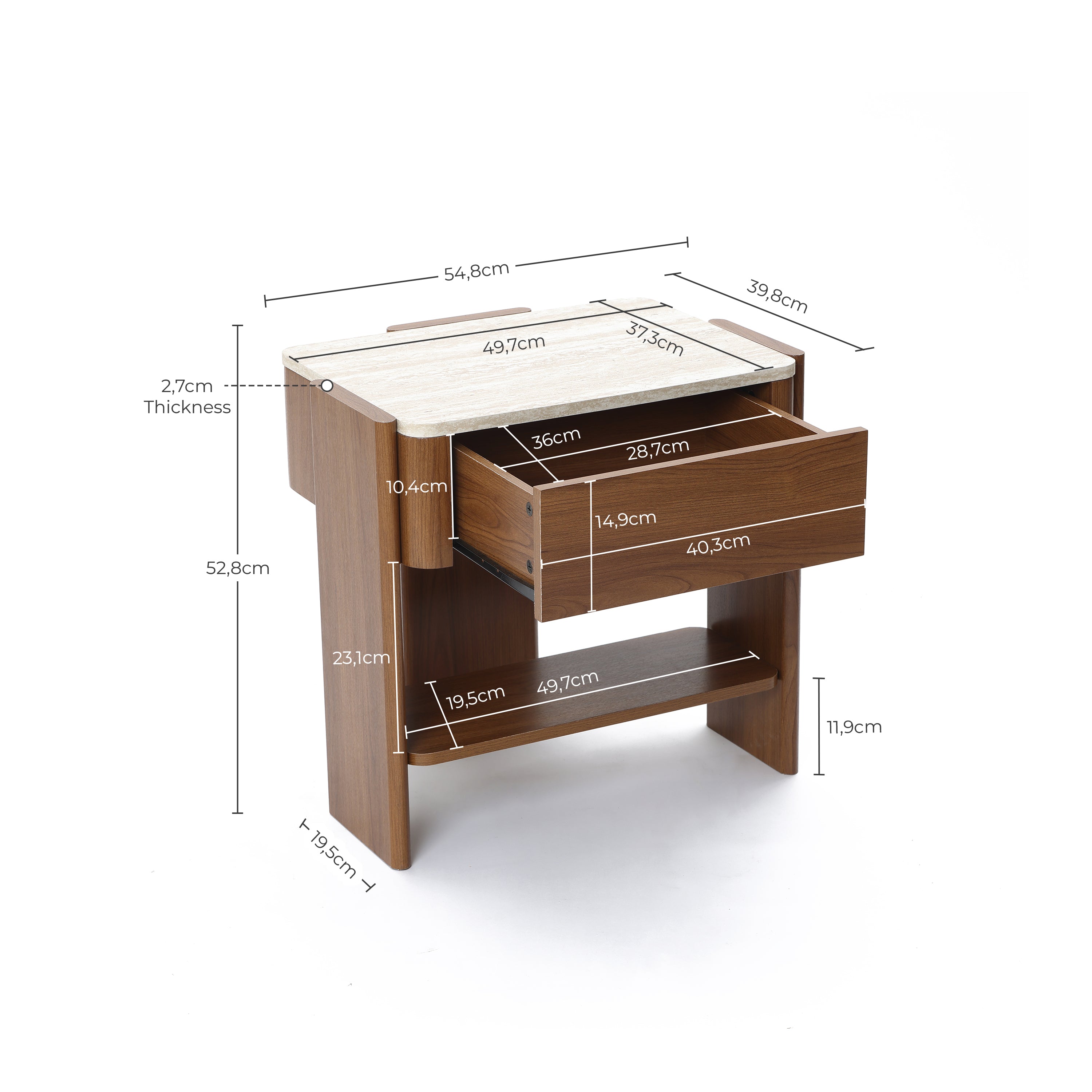 Nachttisch in Marmoroptik 55 cm – Beistelltisch mit Schublade und Ablagefach