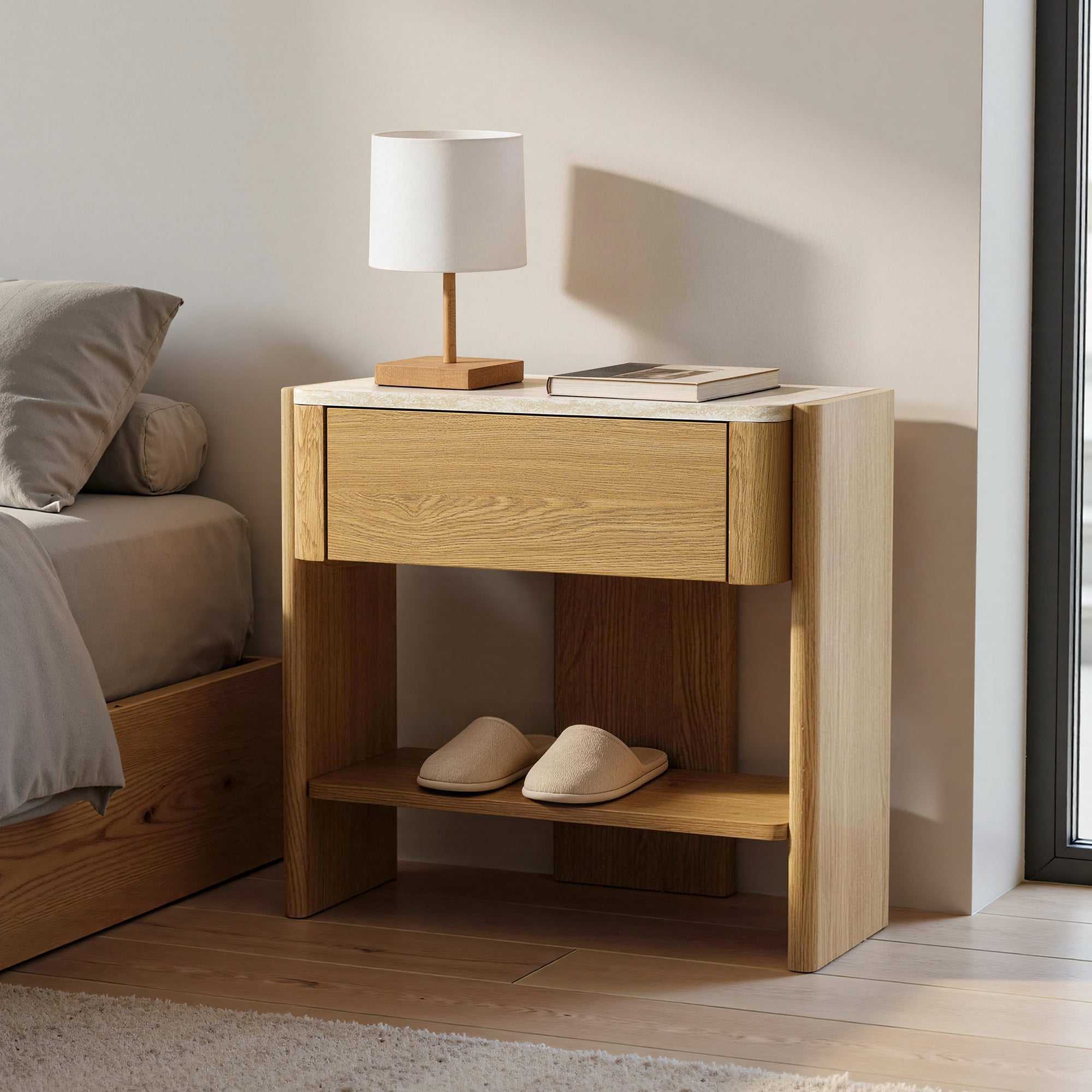 Nachttisch in Marmoroptik 55 cm – Beistelltisch mit Schublade und Ablagefach