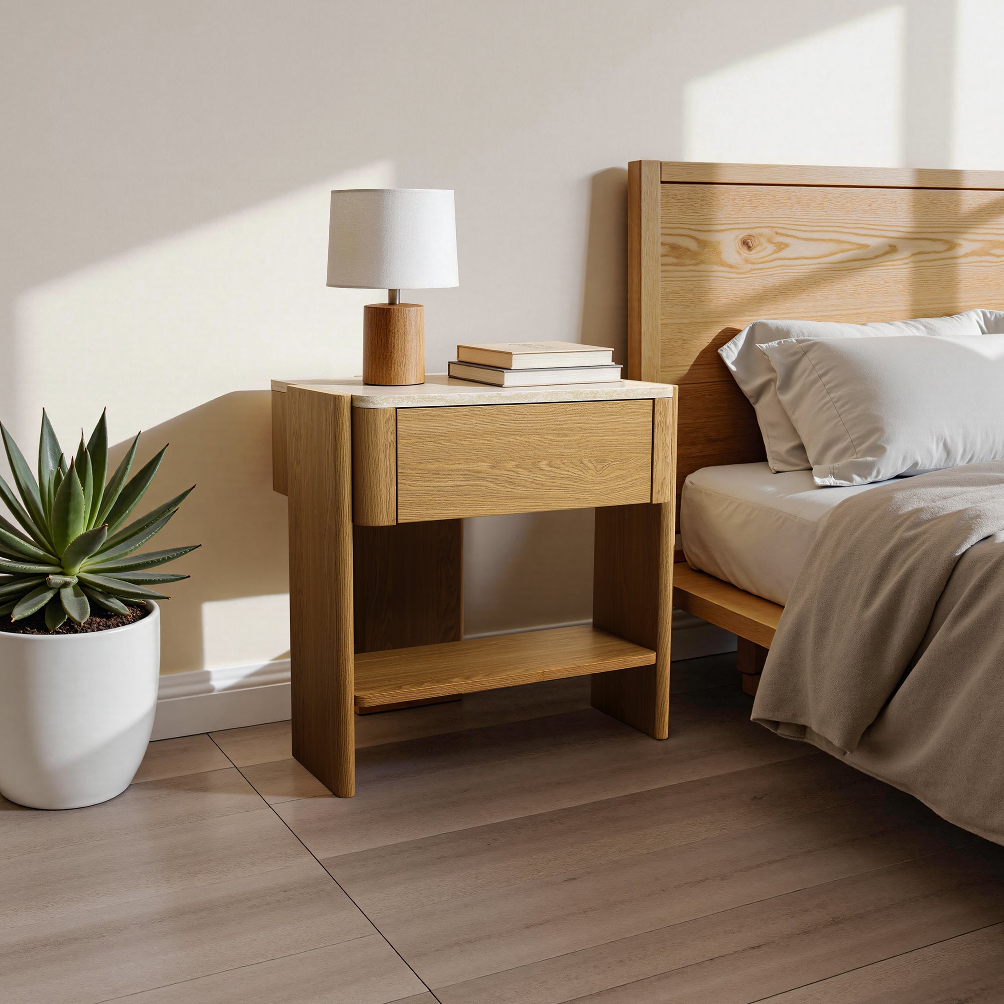 Nachttisch in Marmoroptik 55 cm – Beistelltisch mit Schublade und Ablagefach