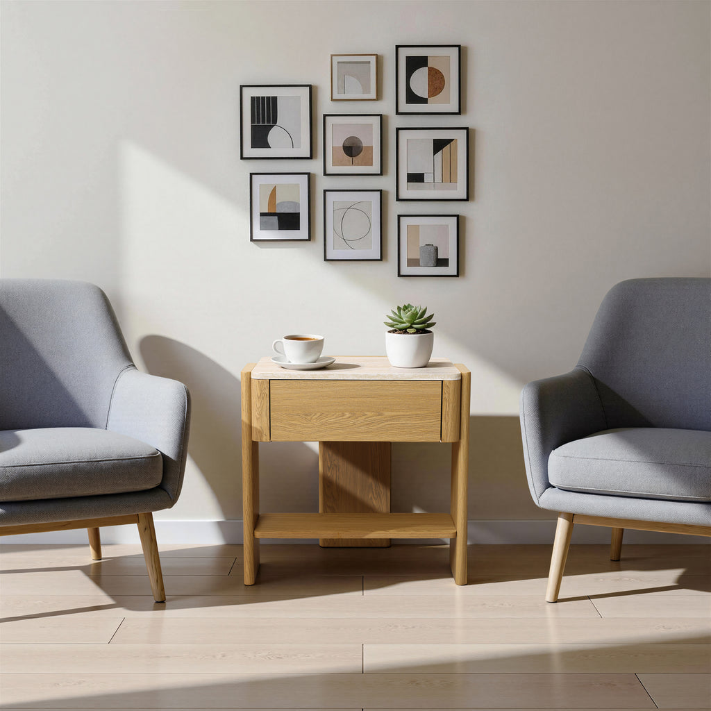 Nachttisch in Marmoroptik 55 cm – Beistelltisch mit Schublade und Ablagefach