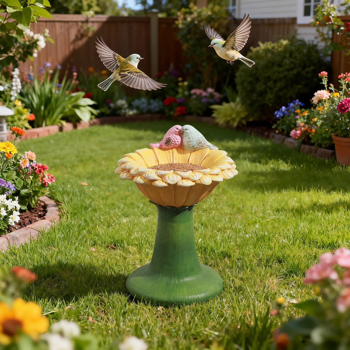 Sonnenblumen-Vogelfutterspender aus MGO – Gartendekoration mit 2 dekorativen Vögeln, wetterfest, 32,5x32x45 cm, 4,5 kg, ideal für Balkon, Garten & Terrasse
