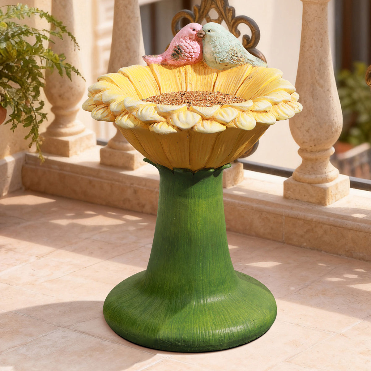 Sonnenblumen-Vogelfutterspender aus MGO – Gartendekoration mit 2 dekorativen Vögeln, wetterfest, 32,5x32x45 cm, 4,5 kg, ideal für Balkon, Garten & Terrasse