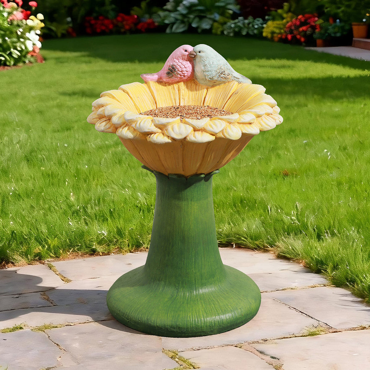 Sonnenblumen-Vogelfutterspender aus MGO – Gartendekoration mit 2 dekorativen Vögeln, wetterfest, 32,5x32x45 cm, 4,5 kg, ideal für Balkon, Garten & Terrasse