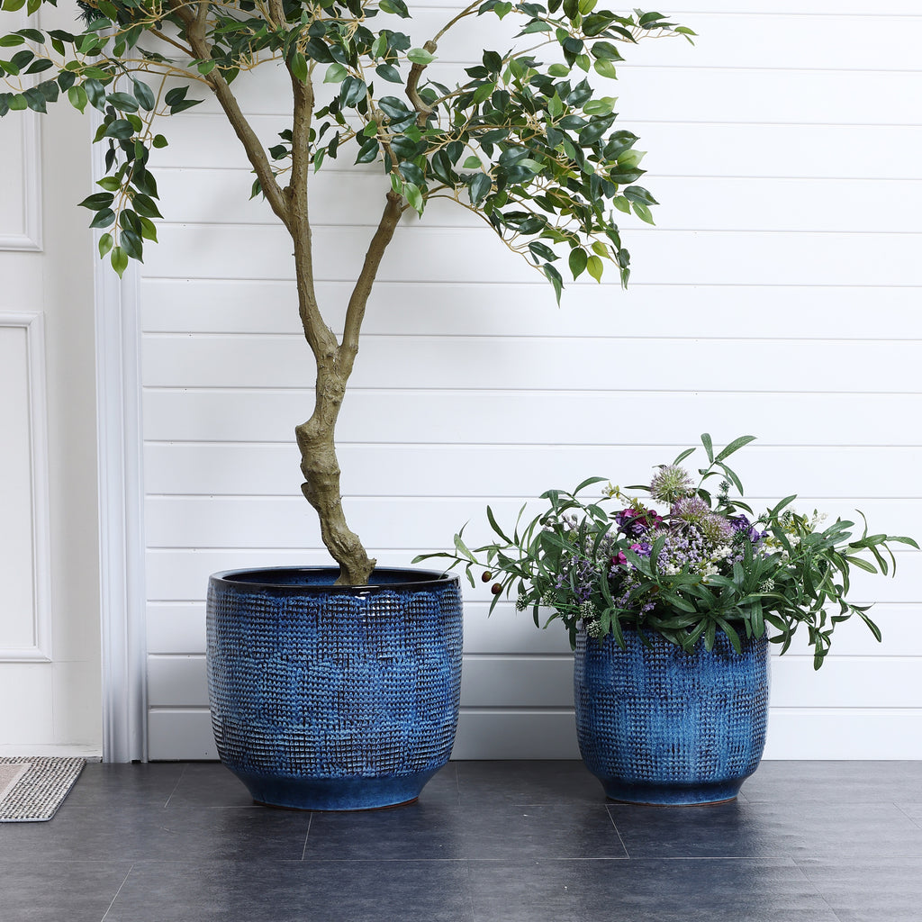 Keramik Blumentopf Groß, Round Übertöpfe Außen & Innen, Massiver Pflanzkübel mit Drainage-Loch ideal für Wohnzimmer, Küche und Balkon (Marineblau, Ø40xH34 cm)