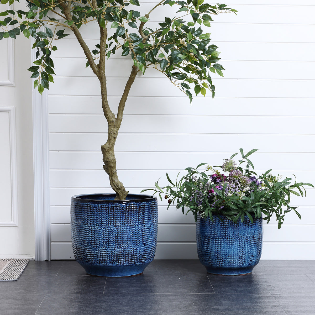 Keramik Blumentopf Groß, Round Übertöpfe Außen & Innen, Massiver Pflanzkübel mit Drainage-Loch ideal für Wohnzimmer, Küche und Balkon (Marineblau, Ø40xH34 cm)