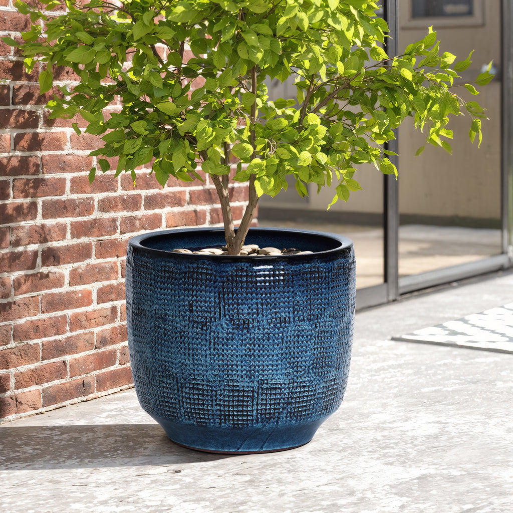 Keramik Blumentopf Groß, Round Übertöpfe Außen & Innen, Massiver Pflanzkübel mit Drainage-Loch ideal für Wohnzimmer, Küche und Balkon (Marineblau, Ø40xH34 cm)
