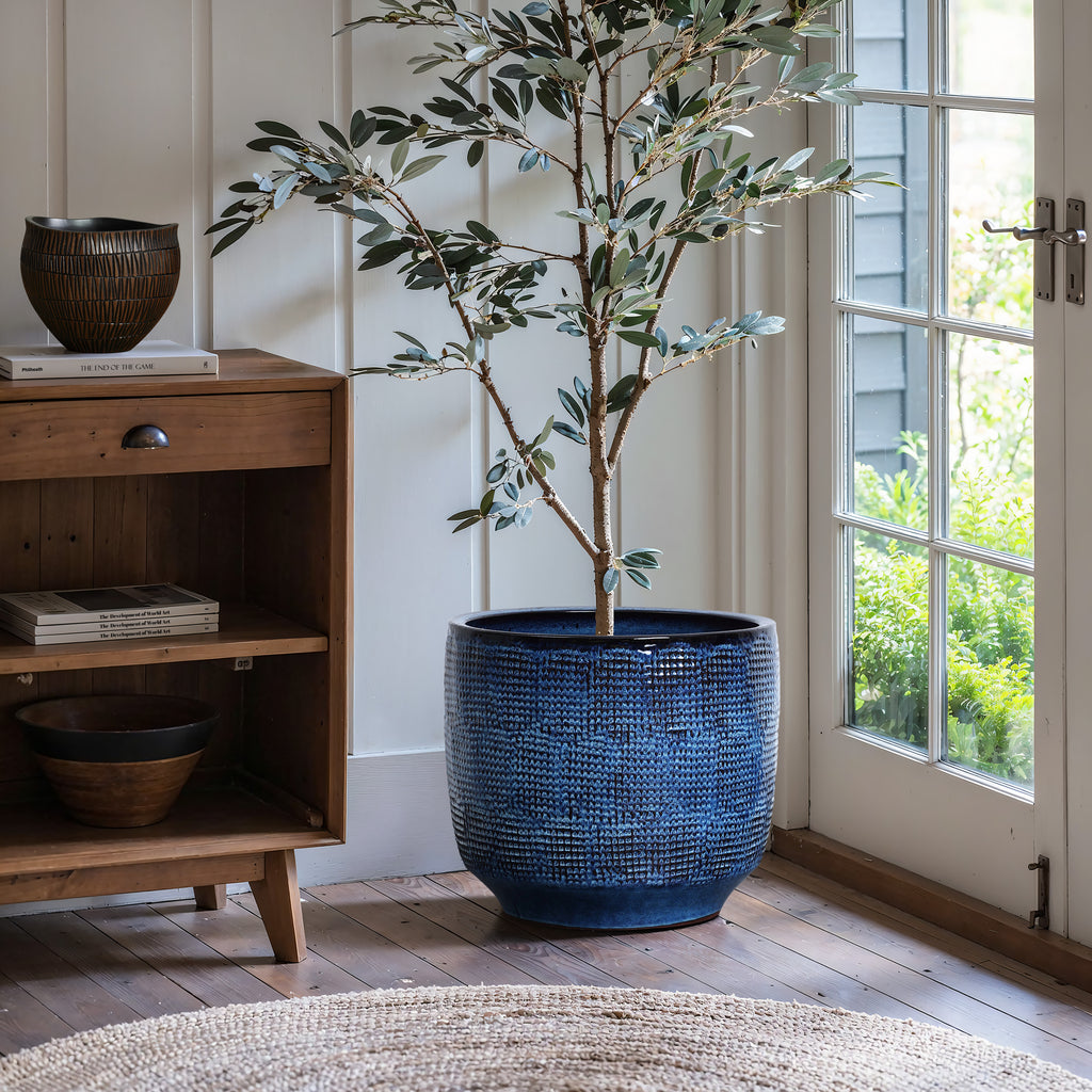 Keramik Blumentopf Groß, Round Übertöpfe Außen & Innen, Massiver Pflanzkübel mit Drainage-Loch ideal für Wohnzimmer, Küche und Balkon (Marineblau, Ø40xH34 cm)